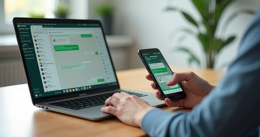 Profissional atendendo clientes pelo WhatsApp em notebook e celular sobre mesa de trabalho