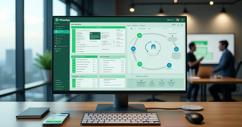 Tela de dashboard com automação de WhatsApp Business Cloud API em empresa moderna