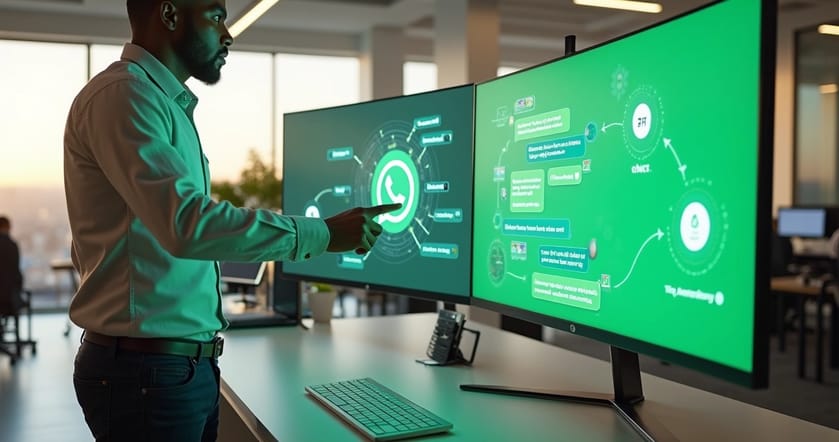 Empresário observando painel com bot de atendimento WhatsApp automatizando vendas e suporte