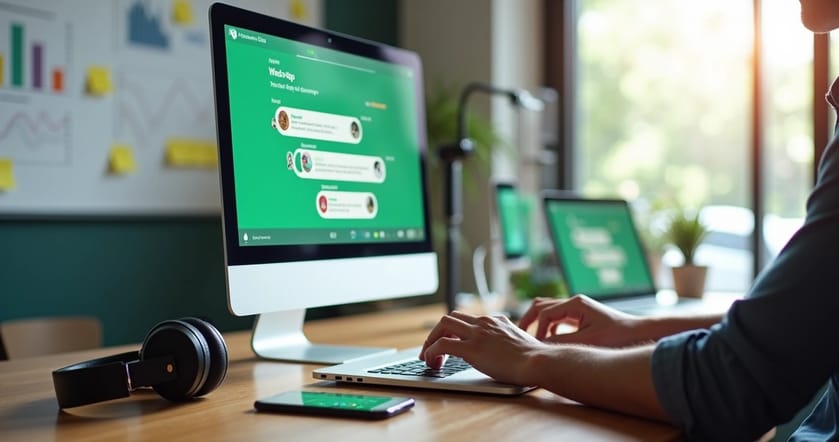Empresário criando campanha de áudio marketing no WhatsApp no notebook com fones e gráficos na tela
