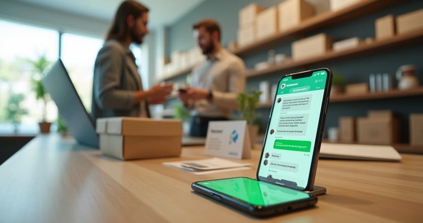 Cliente recebendo resposta automática de bot de WhatsApp em loja moderna