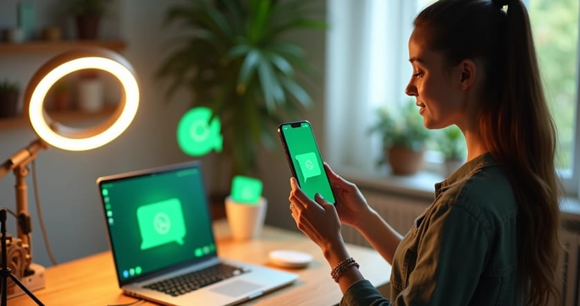 Empreendedora gravando vídeo curto com smartphone e ícones do WhatsApp ao redor