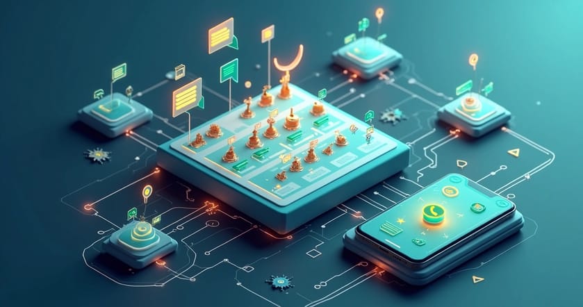 Ilustração de marketplace conectado ao WhatsApp com ícones de notificações automáticas