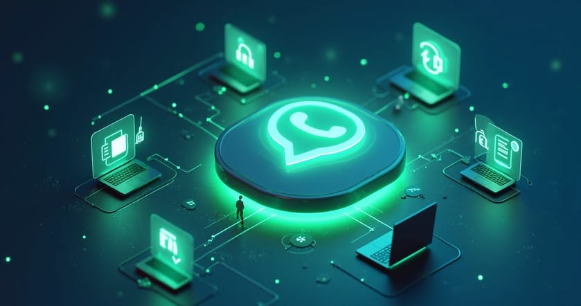 Balão de chat de WhatsApp estilo robô conectado a ilustrações de jornada do cliente