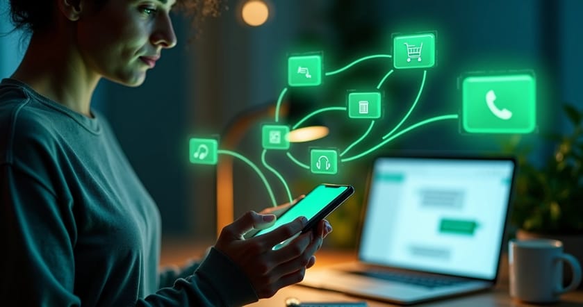 Empresário olhando smartphone com fluxos automatizados de bot no WhatsApp ao redor