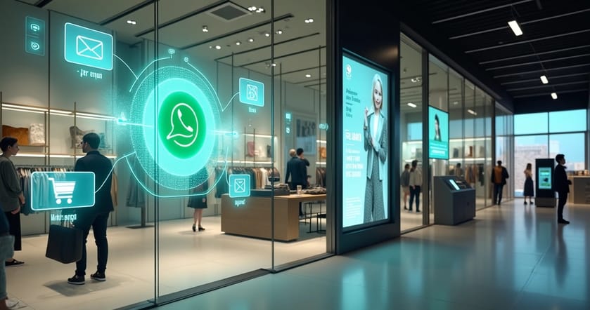 Cenário de loja física integrada a painéis digitais e notificações de WhatsApp