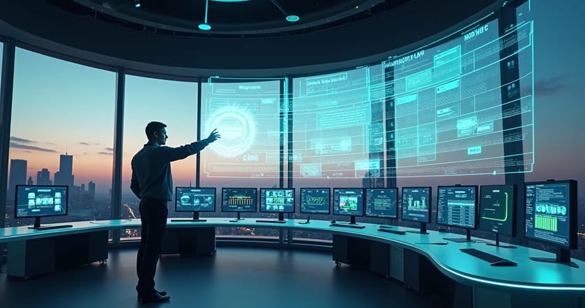 Executivo ativando painel de migração para API oficial do WhatsApp em ambiente corporativo moderno