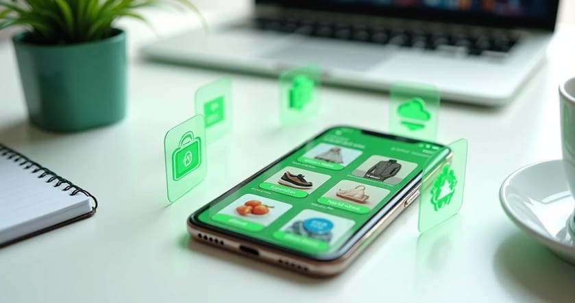 Visão aérea de catálogo digital variado em tela de smartphone com ícones de setores ao redor