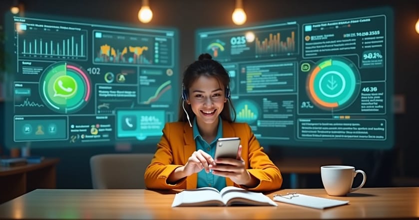 Representante de atendimento no WhatsApp analisando métricas de atendimento ao cliente.