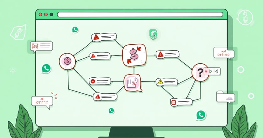 Tela de computador mostrando um fluxo de automação do WhatsApp com erros destacados em vermelho e avisos de alerta ao redor
