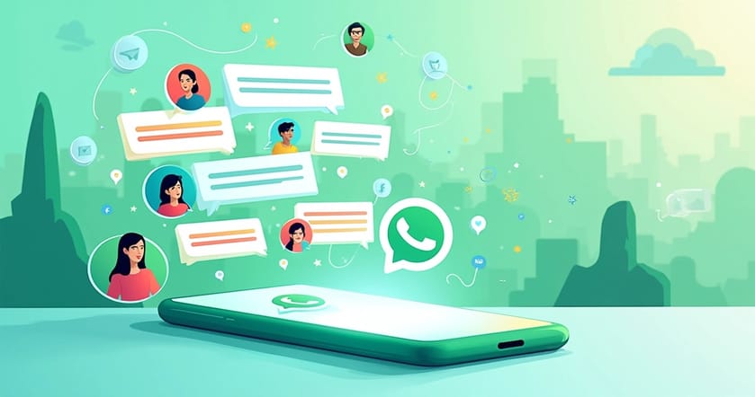 Interface do WhatsApp com atendentes interagindo com clientes em um cenário digital colorido.