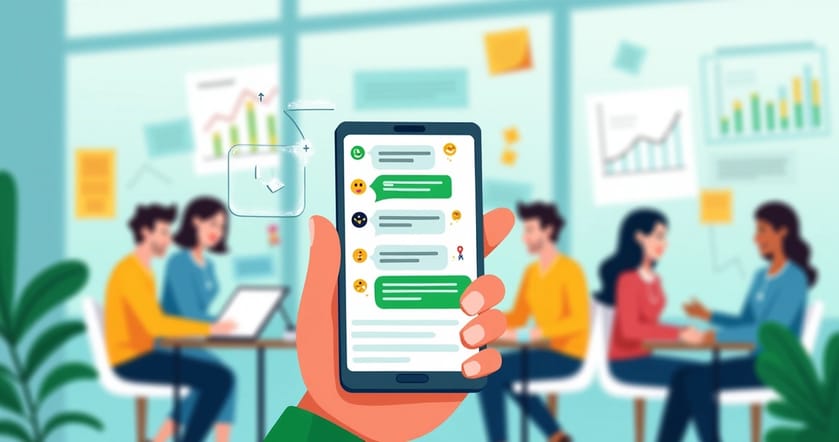 Ilustração de smartphone com WhatsApp interativo em ambiente de escritório colorido e colaborativo.
