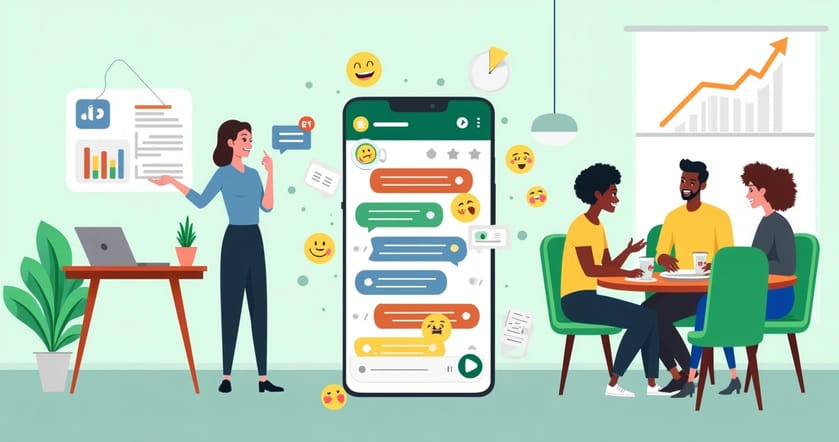 Ilustração de uma tela de smartphone com mensagens do WhatsApp e pessoas discutindo, enfatizando comunicação eficaz.