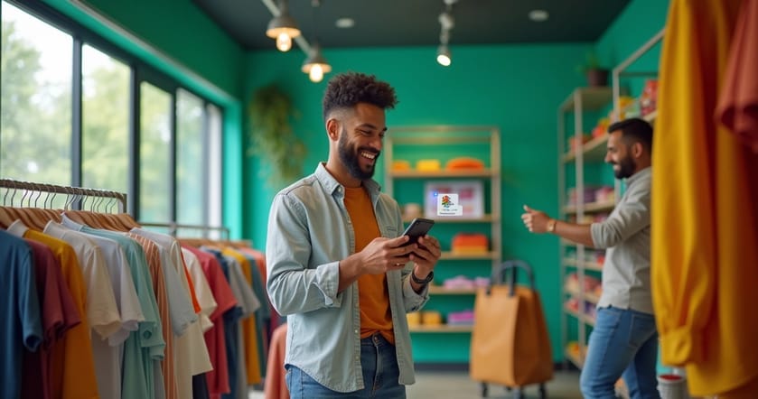 Loja de roupas com cliente usando WhatsApp para fazer compras, prateleiras organizadas e vendedor ajudando outro cliente.