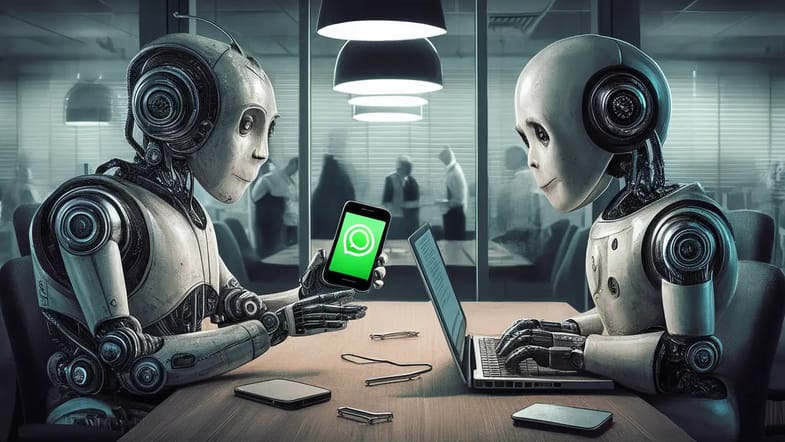 Dois robôs em uma mesa de conferência, um com smartphone e logo do WhatsApp, outro digitando em laptop.