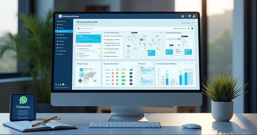 Dashboard de software SaaS mostrando fluxos automatizados para retenção de clientes com gráficos e notificações no computador