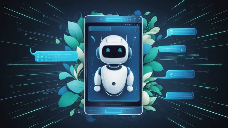Interface de chatbot moderna com formas abstratas em azul e verde representando fluxo de conversa natural.