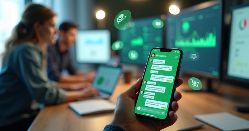 Tela de celular com WhatsApp aberto e chatbot conversando sobre vendas em um escritório moderno