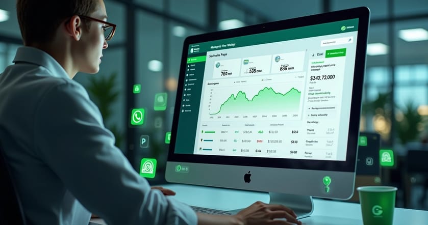 Tela de computador mostrando interface da API WhatsApp com gráficos de cobrança por mensagem e ícones de mensagens de modelo