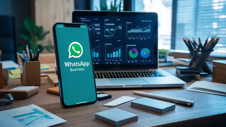 Smartphone mostrando interface do WhatsApp Business em mesa de escritório com laptop e suprimentos organizados.