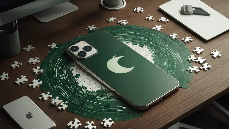 Smartphone moderno em mesa de madeira com peças de quebra-cabeça digital em verde e branco.