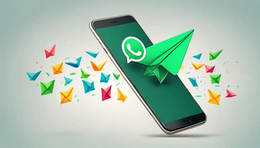 Smartphone exibindo interface do WhatsApp com ícone de avião de papel simbolizando envio de campanhas, cercado por marcas de verificação verdes.