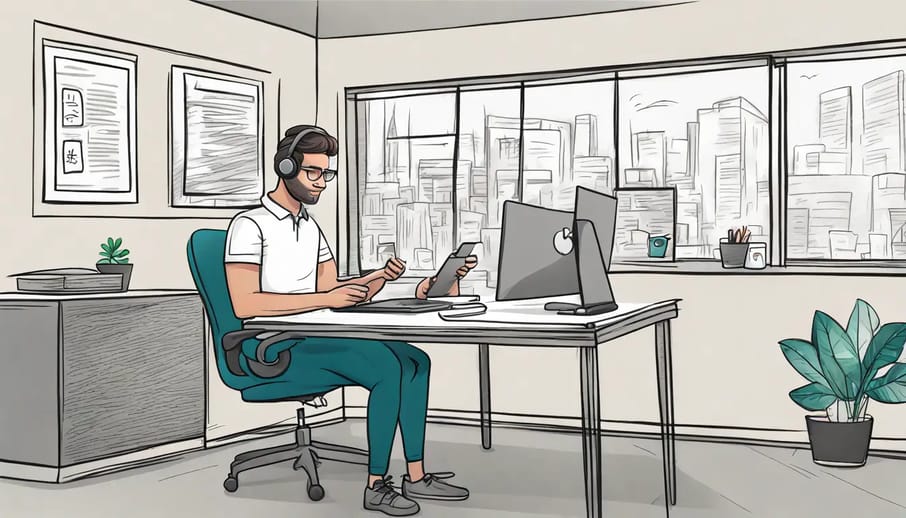 Representante de atendimento ao cliente recebendo notificações no computador enquanto usa um smartphone com logo do WhatsApp.