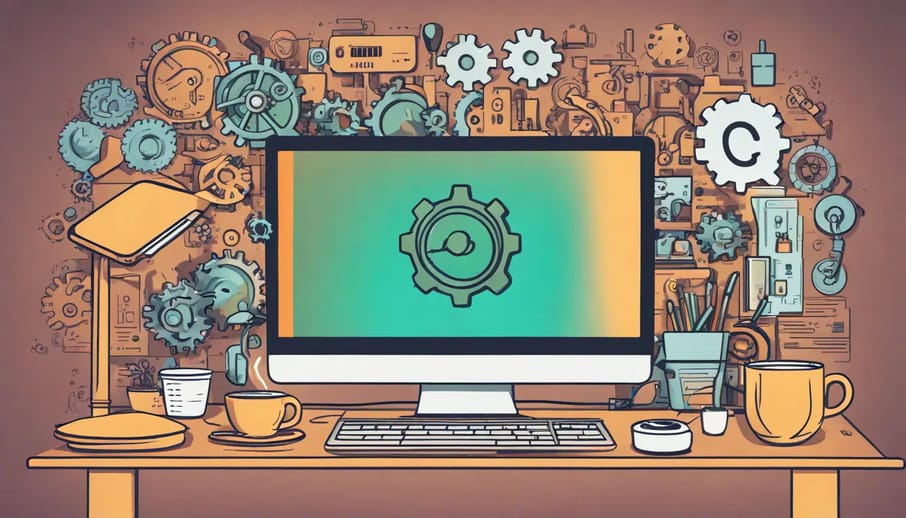 Escritório moderno com laptop mostrando interface de chat do WhatsApp, ícones de automação e detalhes de mesa organizados.