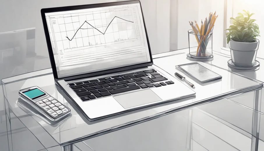 Espaço de trabalho moderno com laptop aberto exibindo gráfico, calculadora e smartphone com notificações na mesa de vidro.