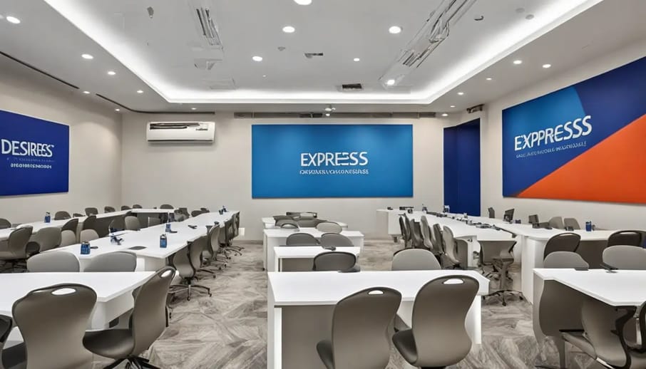 Empresário escolhendo nome de empresa em sala de reuniões, cercado por quadros brancos com logotipos coloridos.