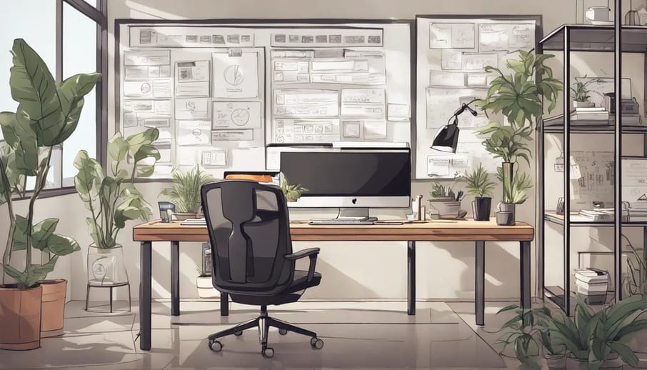 Escritório moderno com mesa de vidro e computador mostrando dashboard de atendimento ao cliente, com planta e pôsteres motivacionais ao redor.