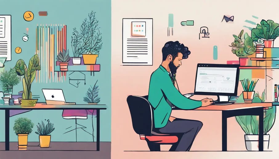 Ambiente de escritório dividido: à esquerda, dono de pequena empresa com smartphone e logo do WhatsApp; à direita, escritório corporativo com laptop mostrando código API.