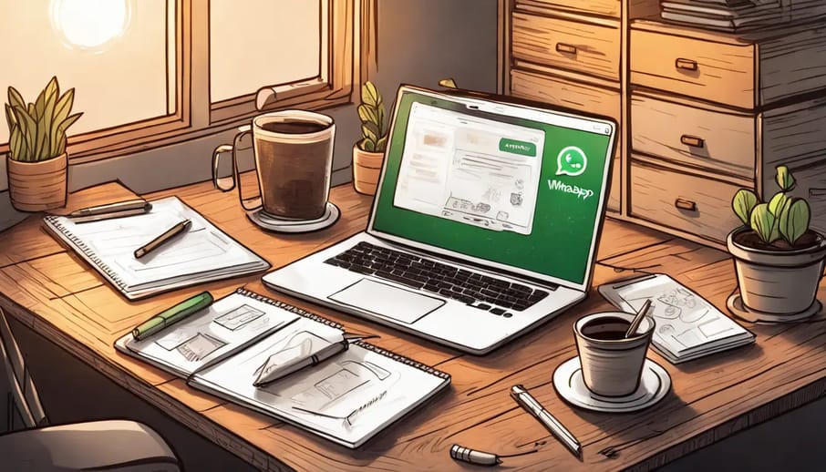 Área de trabalho com laptop exibindo WhatsApp Business, smartphone com bolhas de chat e caderno sobre mesa de madeira.