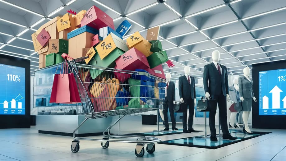 Carrinho de compras cheio de caixas e sacolas coloridas com etiquetas de preço, ao fundo manequins com traje de negócios.