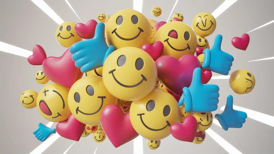 Grupo de emojis coloridos flutuando em fundo branco, incluindo rostos sorridentes e mãos aplaudindo.