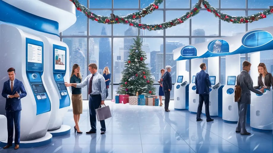 Kiosques de serviço ao cliente automatizados em um escritório decorado para festas de fim de ano com uma árvore de Natal.