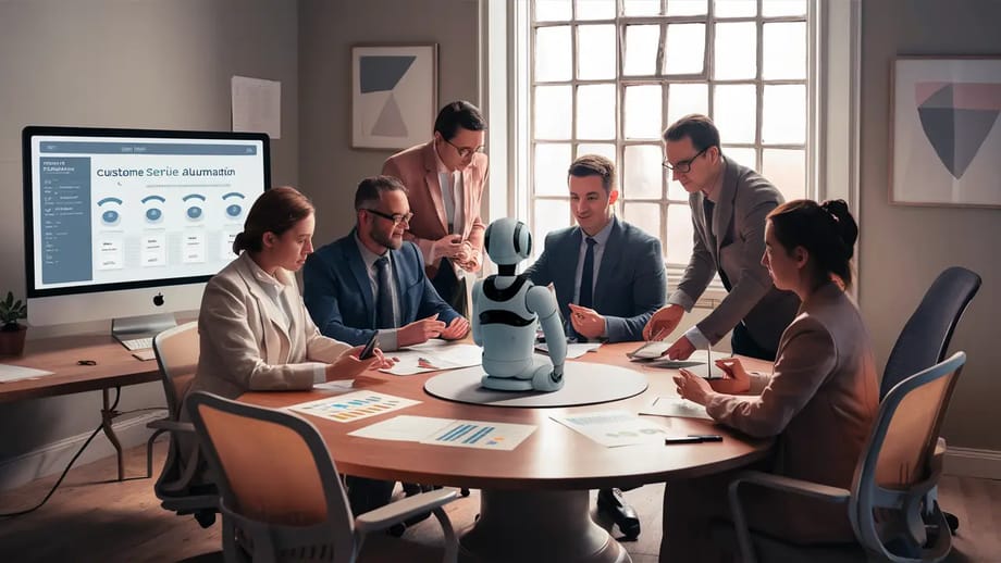 Profissionais ao redor de uma mesa discutindo ferramentas de atendimento ao cliente com um robô assistente.
