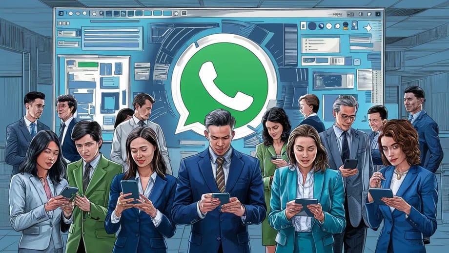 Pessoas diversas em um escritório moderno usando dispositivos móveis, concentradas em uma tela grande com interface do WhatsApp.