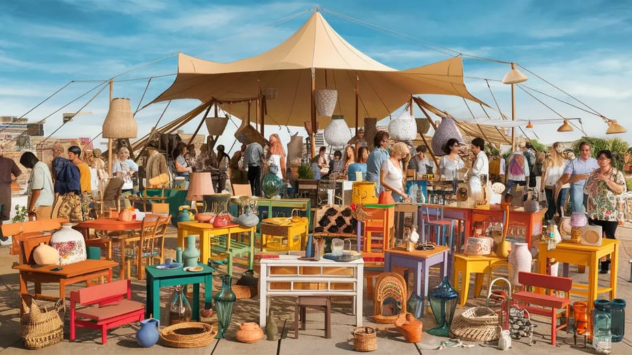 Mercado movimentado com móveis e itens de decoração variados sob tenda de lona, pessoas explorando em dia ensolarado.