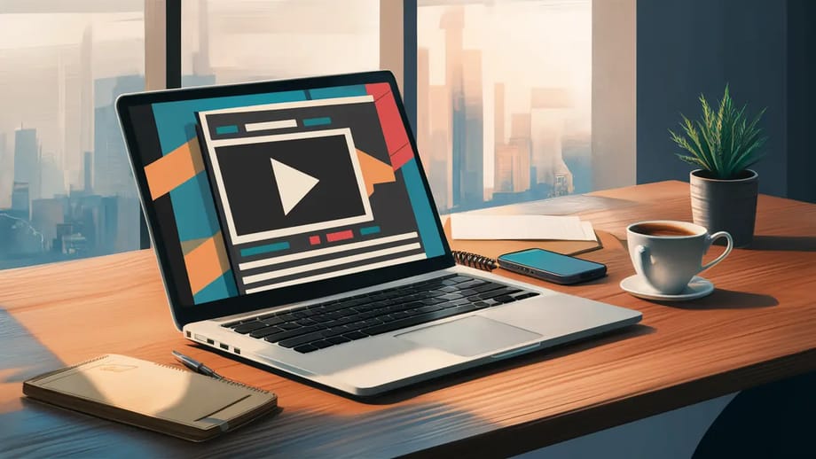 Pausado no laptop, um vídeo de marketing digital em uma mesa de escritório com bloco de notas e xícara de café.