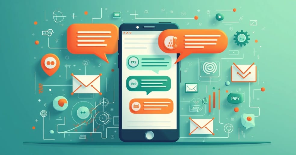 Conversa do WhatsApp mostrando mensagens promocionais de marketing automatizado com fundo digital.