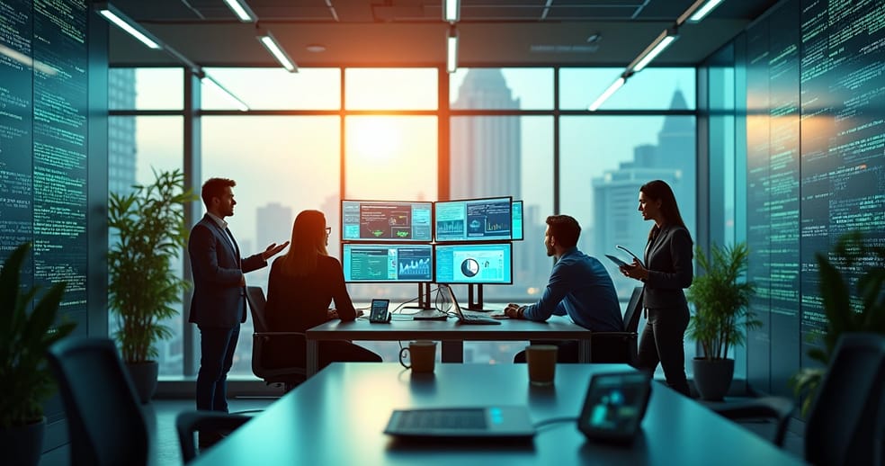 Espaço de escritório futurista com profissionais colaborando e agentes de IA fornecendo insights.