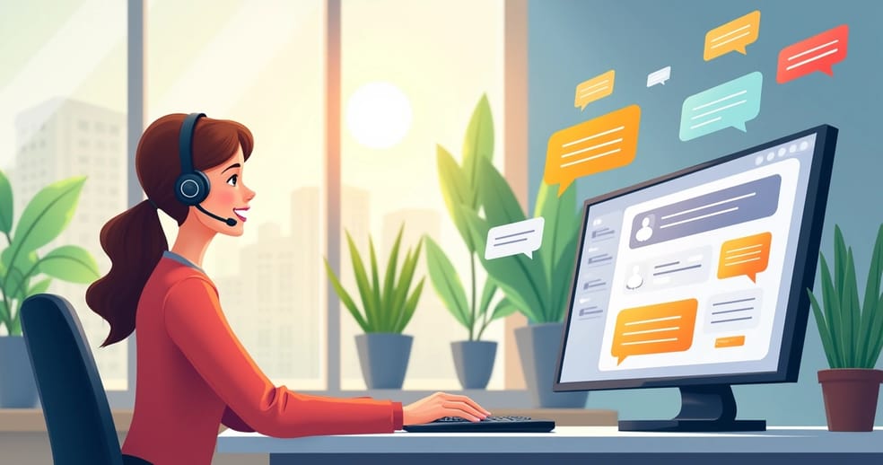 Ambiente moderno de atendimento ao cliente com profissional sorridente e gráficos positivos na tela.