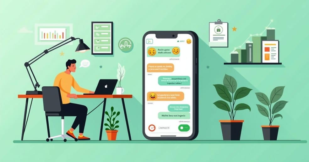 Ilustração de atendimento ao cliente pelo WhatsApp com celular, cafe, e gráfico de vendas.