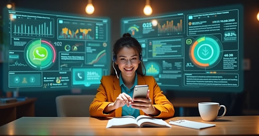 Representante de atendimento no WhatsApp analisando métricas de atendimento ao cliente.