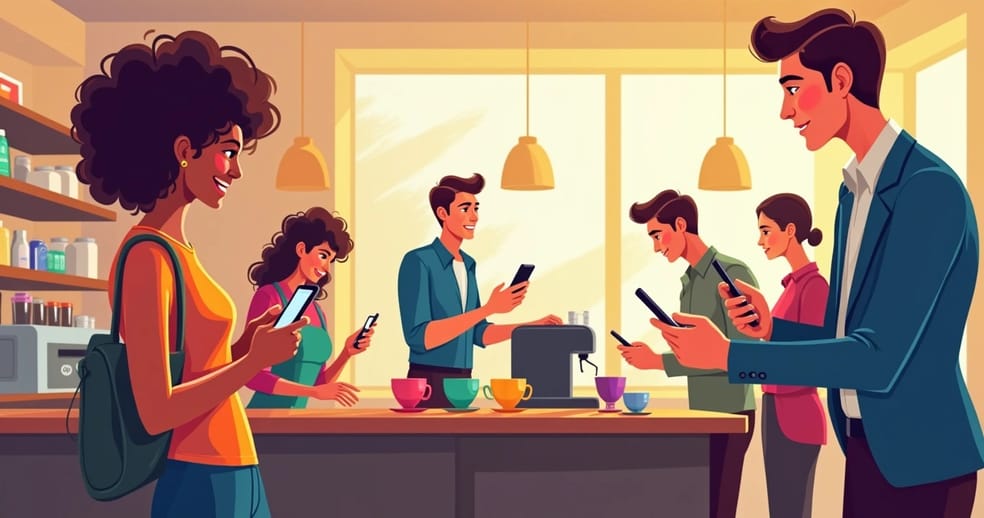 Ilustração de uma cafeteria com clientes interagindo no WhatsApp e um barista preparando café.