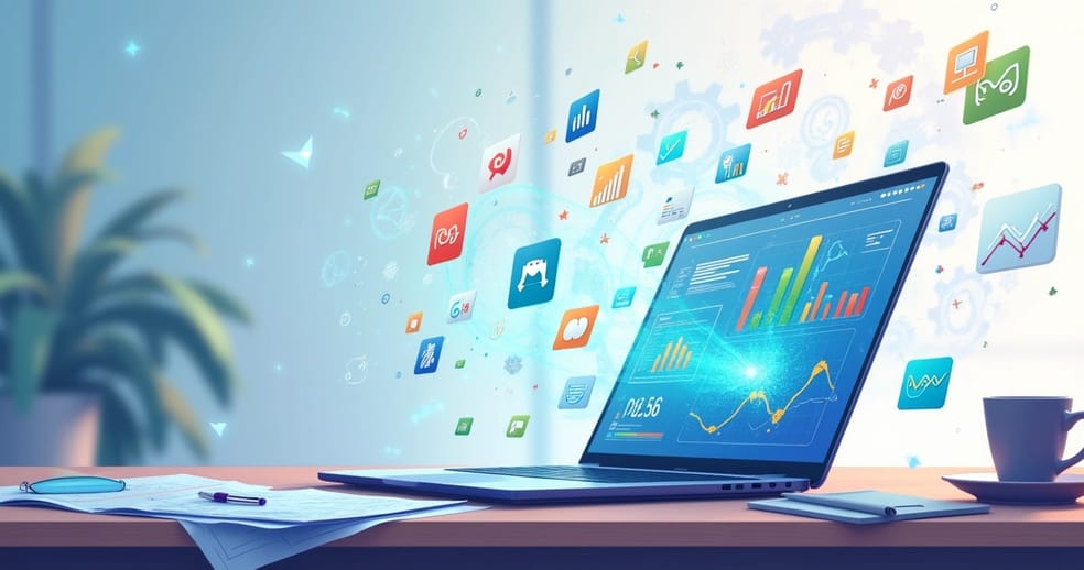 Ilustração de um laptop com dashboards de campanhas automatizadas e gráficos de crescimento em um ambiente de escritório moderno.
