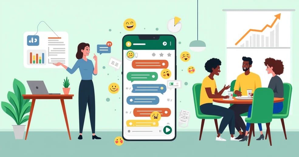 Ilustração de uma tela de smartphone com mensagens do WhatsApp e pessoas discutindo, enfatizando comunicação eficaz.
