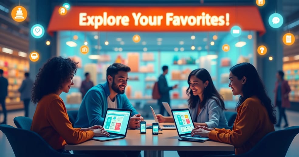 Cliente de e-commerce sorridente interagindo com tecnologia de automação para compras online.