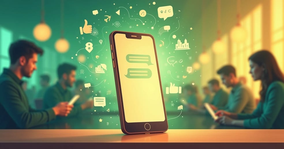 Ilustração de um smartphone mostrando mensagens automáticas no WhatsApp para engajamento com clientes.